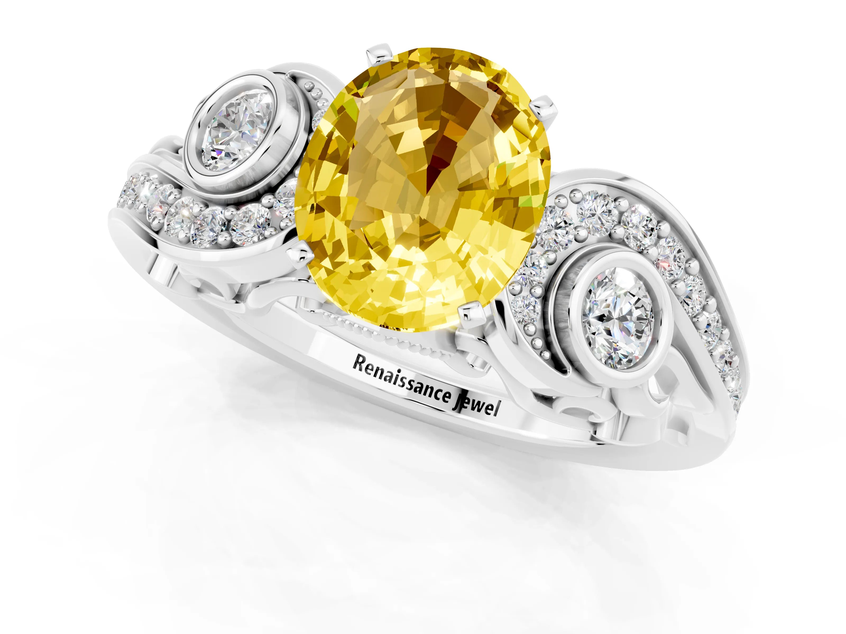 White gold Oval Cut Yellow Sapphire Solitaire Ring with Milgrain Pavé Band and Four-Prong Setting_13