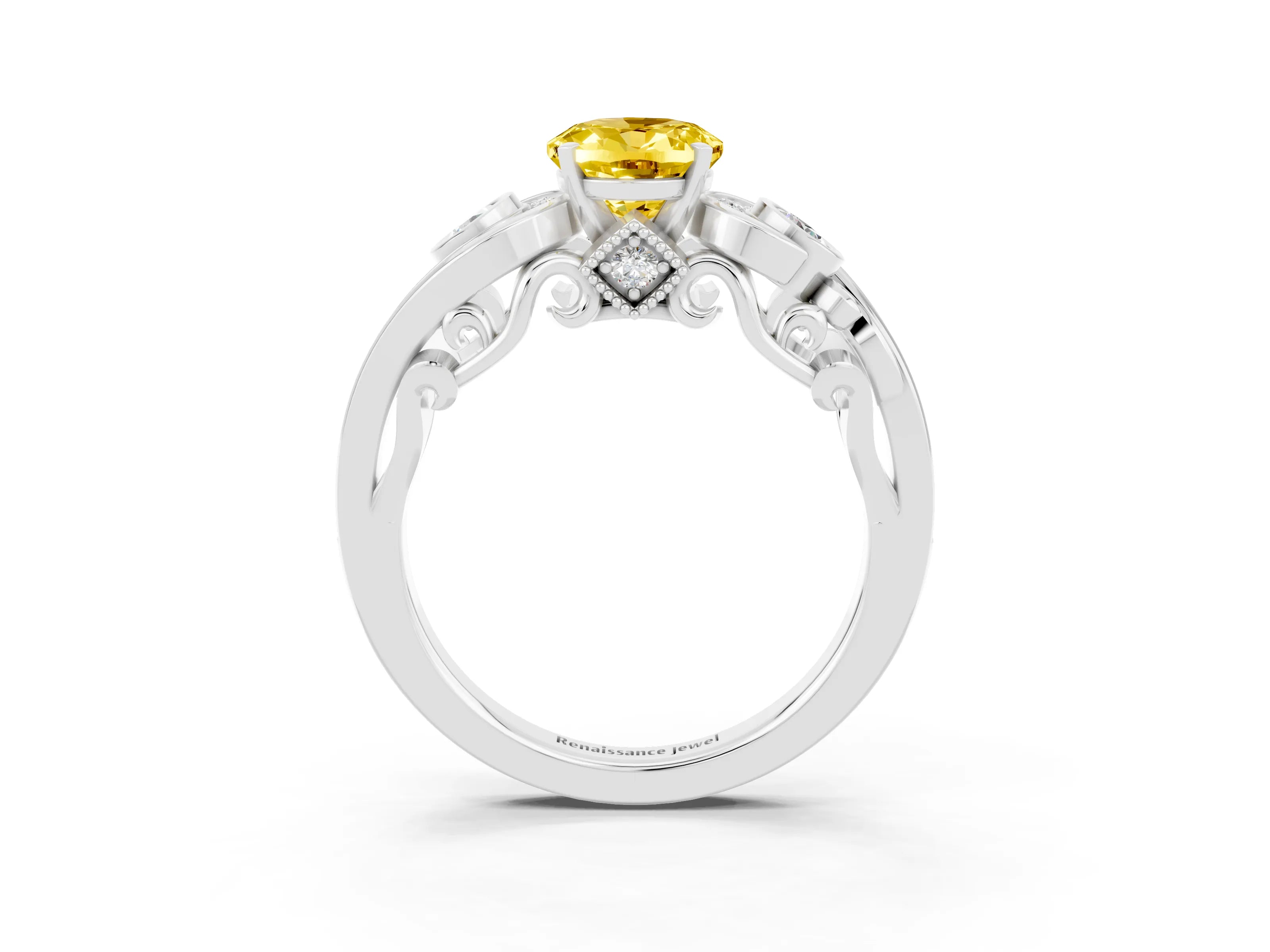 White gold Oval Cut Yellow Sapphire Solitaire Ring with Milgrain Pavé Band and Four-Prong Setting_15