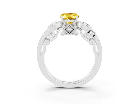 White gold Oval Cut Yellow Sapphire Solitaire Ring with Milgrain Pavé Band and Four-Prong Setting_15