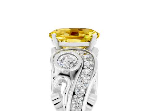 White gold Oval Cut Yellow Sapphire Solitaire Ring with Milgrain Pavé Band and Four-Prong Setting_17