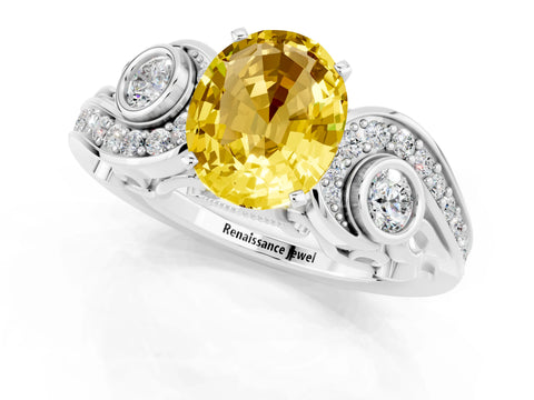 White gold Oval Cut Yellow Sapphire Solitaire Ring with Milgrain Pavé Band and Four-Prong Setting_19