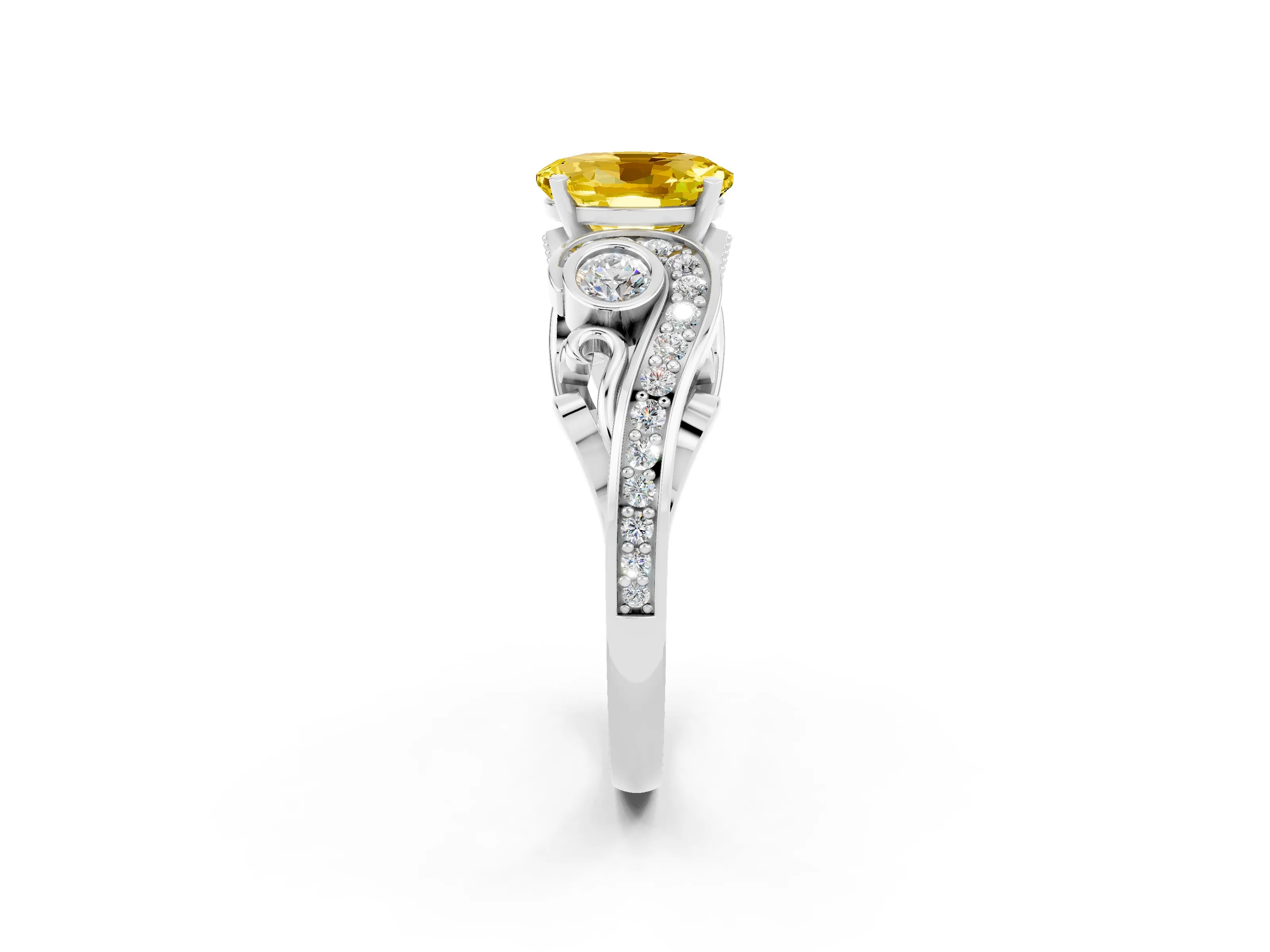 White gold Oval Cut Yellow Sapphire Solitaire Ring with Milgrain Pavé Band and Four-Prong Setting_20