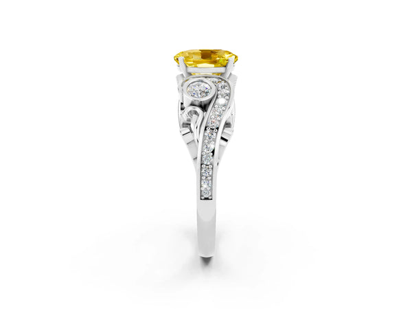 Silver Oval Cut Yellow Sapphire Solitaire Ring with Milgrain Pavé Band and Four-Prong Setting