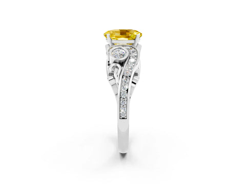 White gold Oval Cut Yellow Sapphire Solitaire Ring with Milgrain Pavé Band and Four-Prong Setting_20