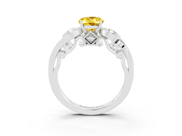 Silver Oval Cut Yellow Sapphire Solitaire Ring with Milgrain Pavé Band and Four-Prong Setting