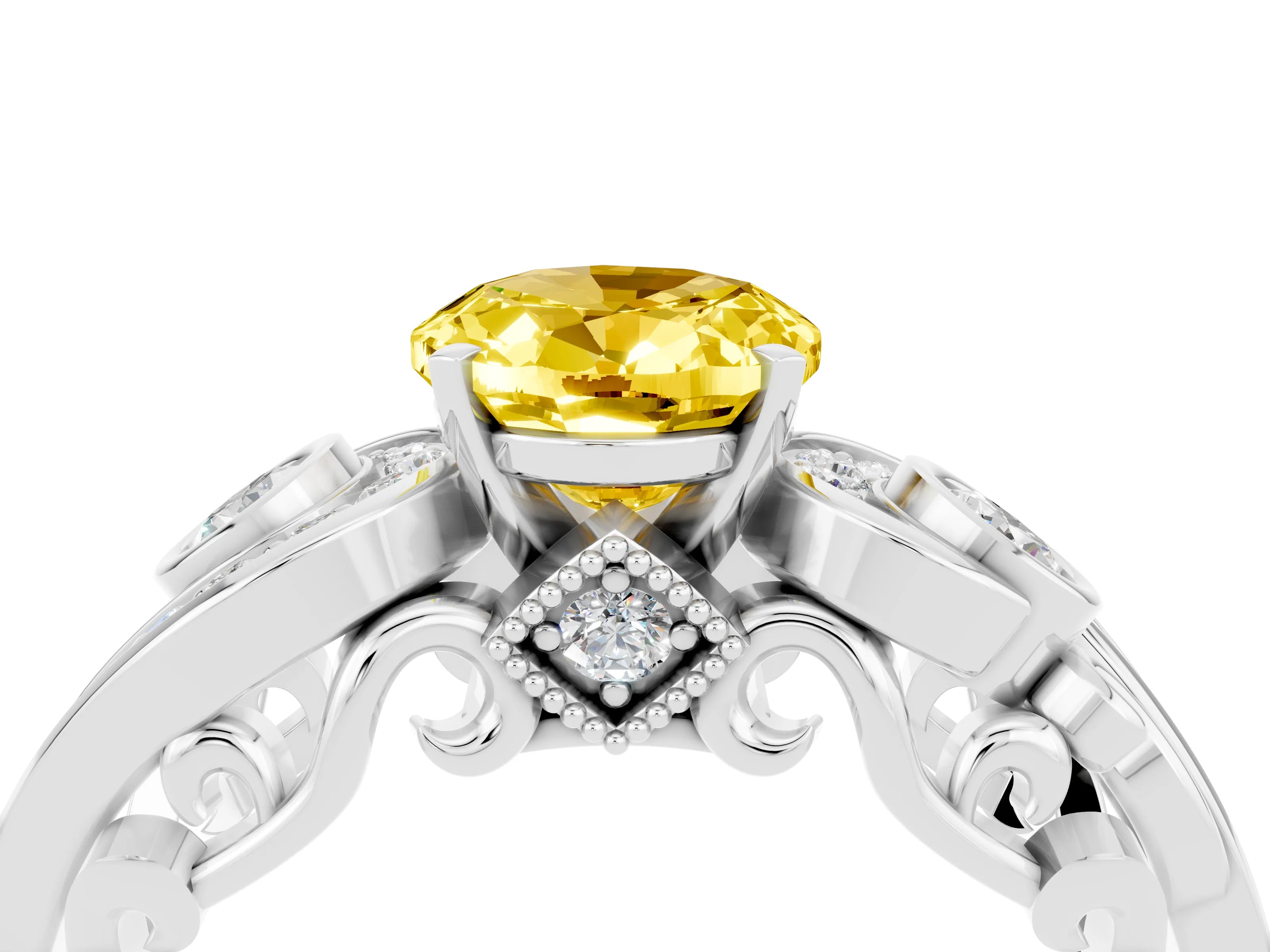 White gold Oval Cut Yellow Sapphire Solitaire Ring with Milgrain Pavé Band and Four-Prong Setting_22