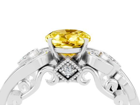 White gold Oval Cut Yellow Sapphire Solitaire Ring with Milgrain Pavé Band and Four-Prong Setting_22
