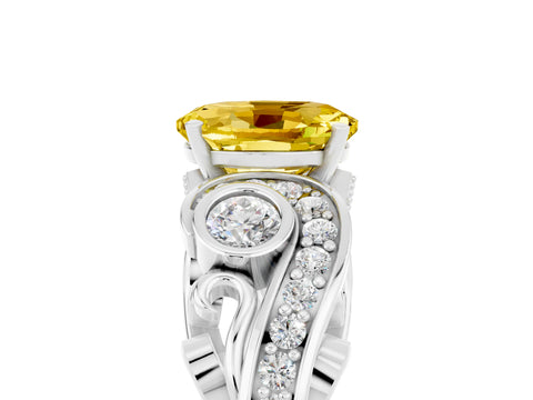 White gold Oval Cut Yellow Sapphire Solitaire Ring with Milgrain Pavé Band and Four-Prong Setting_23
