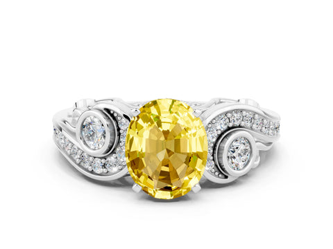 White gold Oval Cut Yellow Sapphire Solitaire Ring with Milgrain Pavé Band and Four-Prong Setting_48