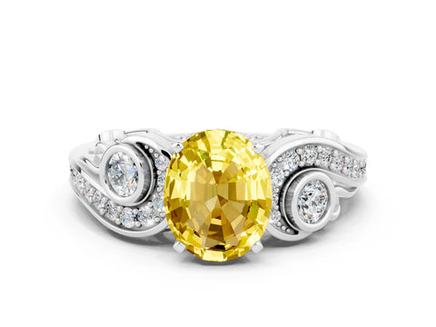 White gold Oval Cut Yellow Sapphire Solitaire Ring with Milgrain Pavé Band and Four-Prong Setting_60