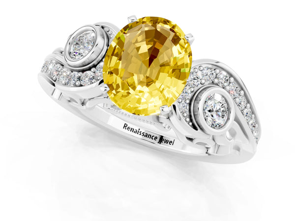 White gold Oval Cut Yellow Sapphire Solitaire Ring with Milgrain Pavé Band and Four-Prong Setting
