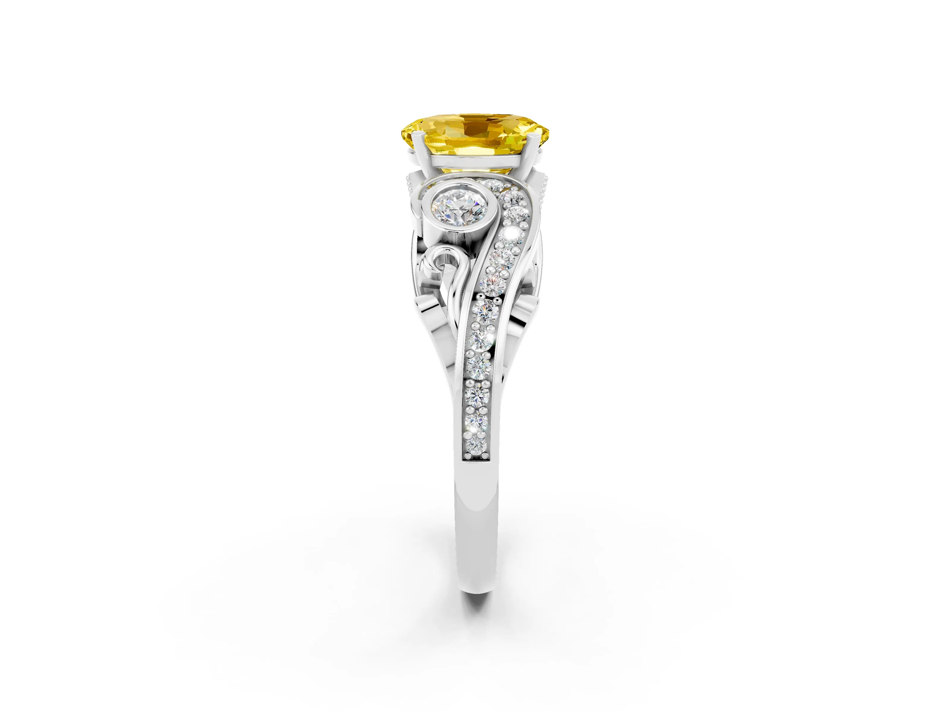 White gold Oval Cut Yellow Sapphire Solitaire Ring with Milgrain Pavé Band and Four-Prong Setting_62