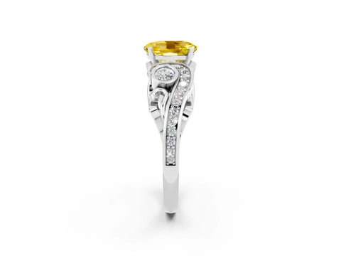 White gold Oval Cut Yellow Sapphire Solitaire Ring with Milgrain Pavé Band and Four-Prong Setting_62