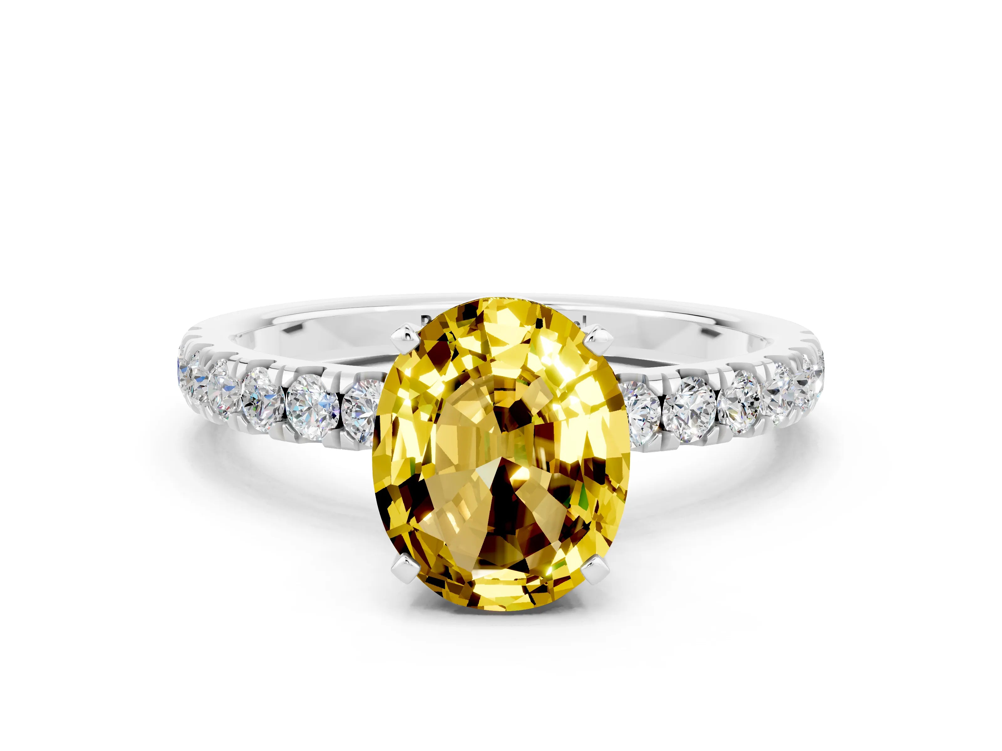 White gold Oval Cut Yellow Sapphire Solitaire Ring with Pavé Accents and Four-Prong Setting_24