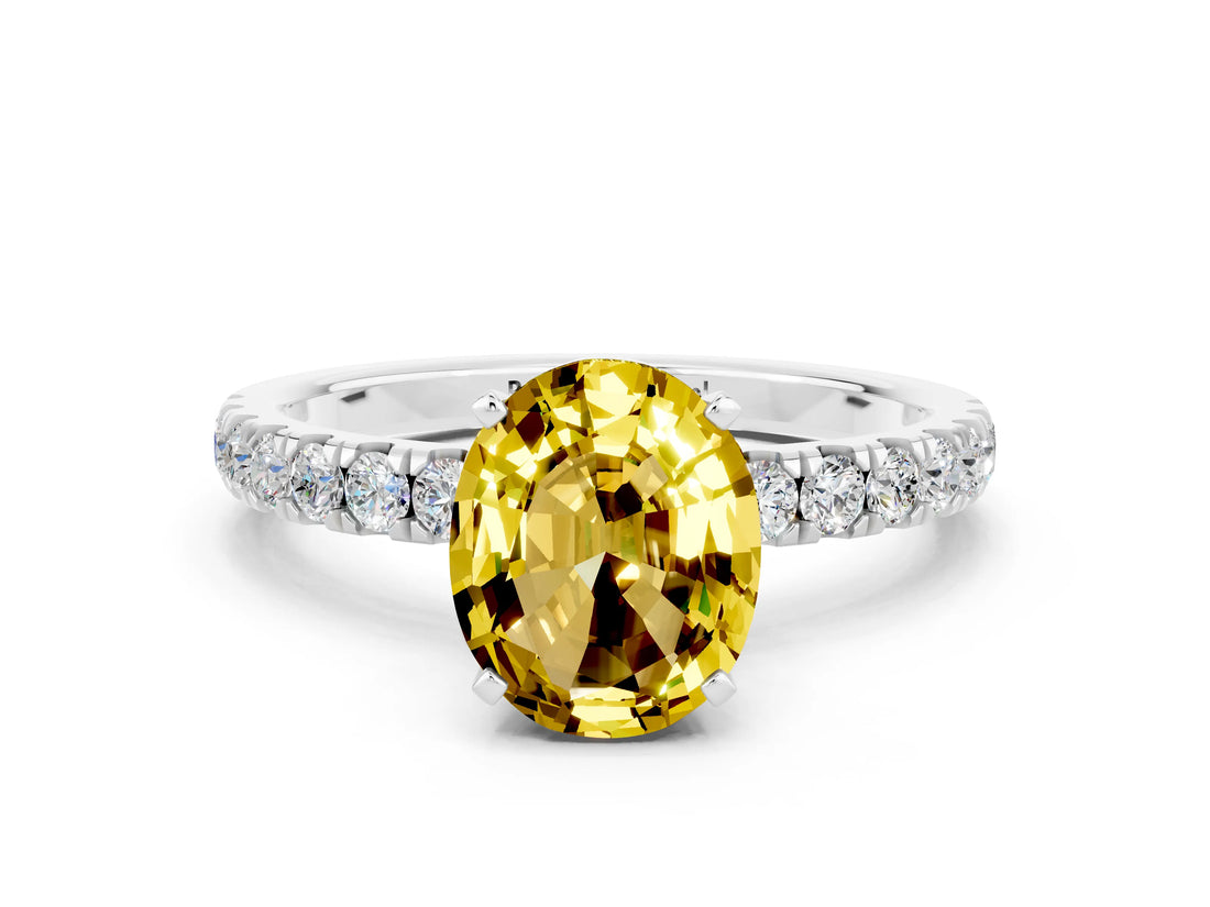 White gold Oval Cut Yellow Sapphire Solitaire Ring with Pavé Accents and Four-Prong Setting_24