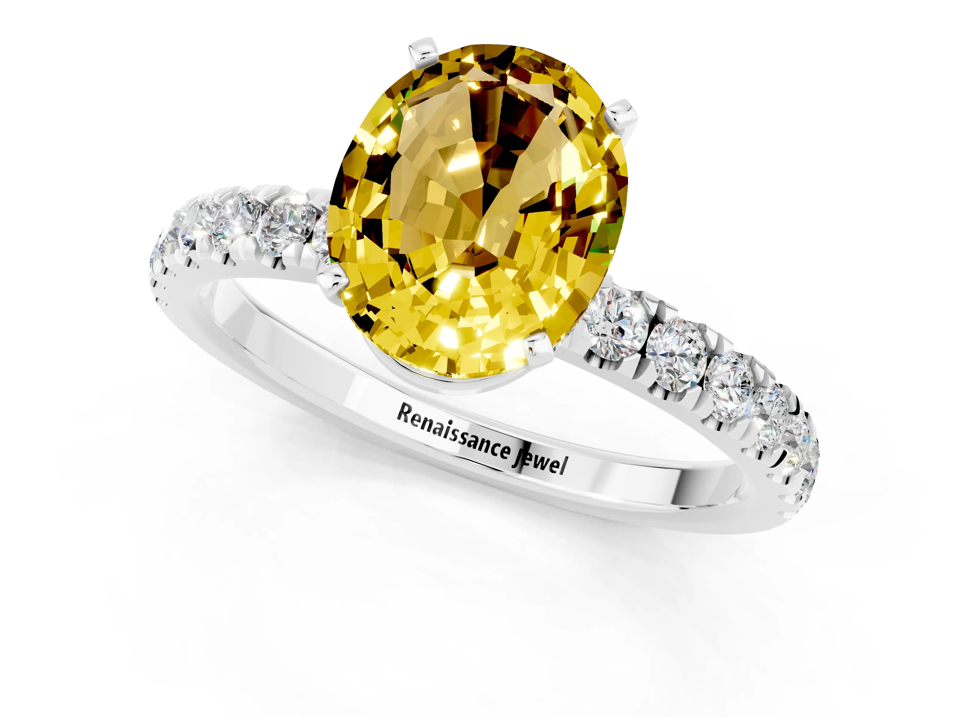 White gold Oval Cut Yellow Sapphire Solitaire Ring with Pavé Accents and Four-Prong Setting_25