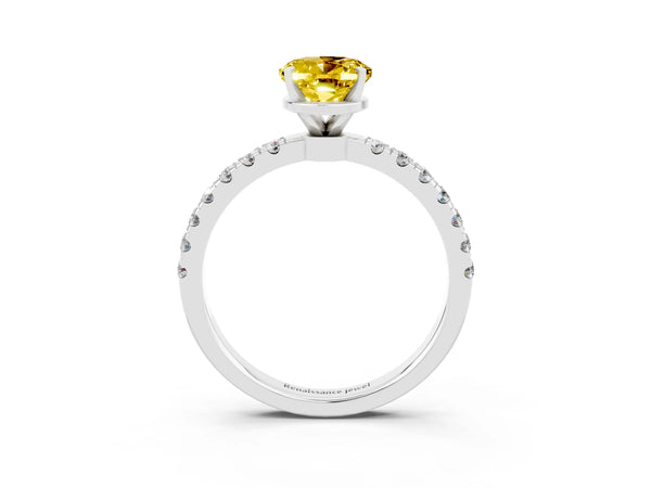 Silver Oval Cut Yellow Sapphire Solitaire Ring with Pavé Accents and Four-Prong Setting
