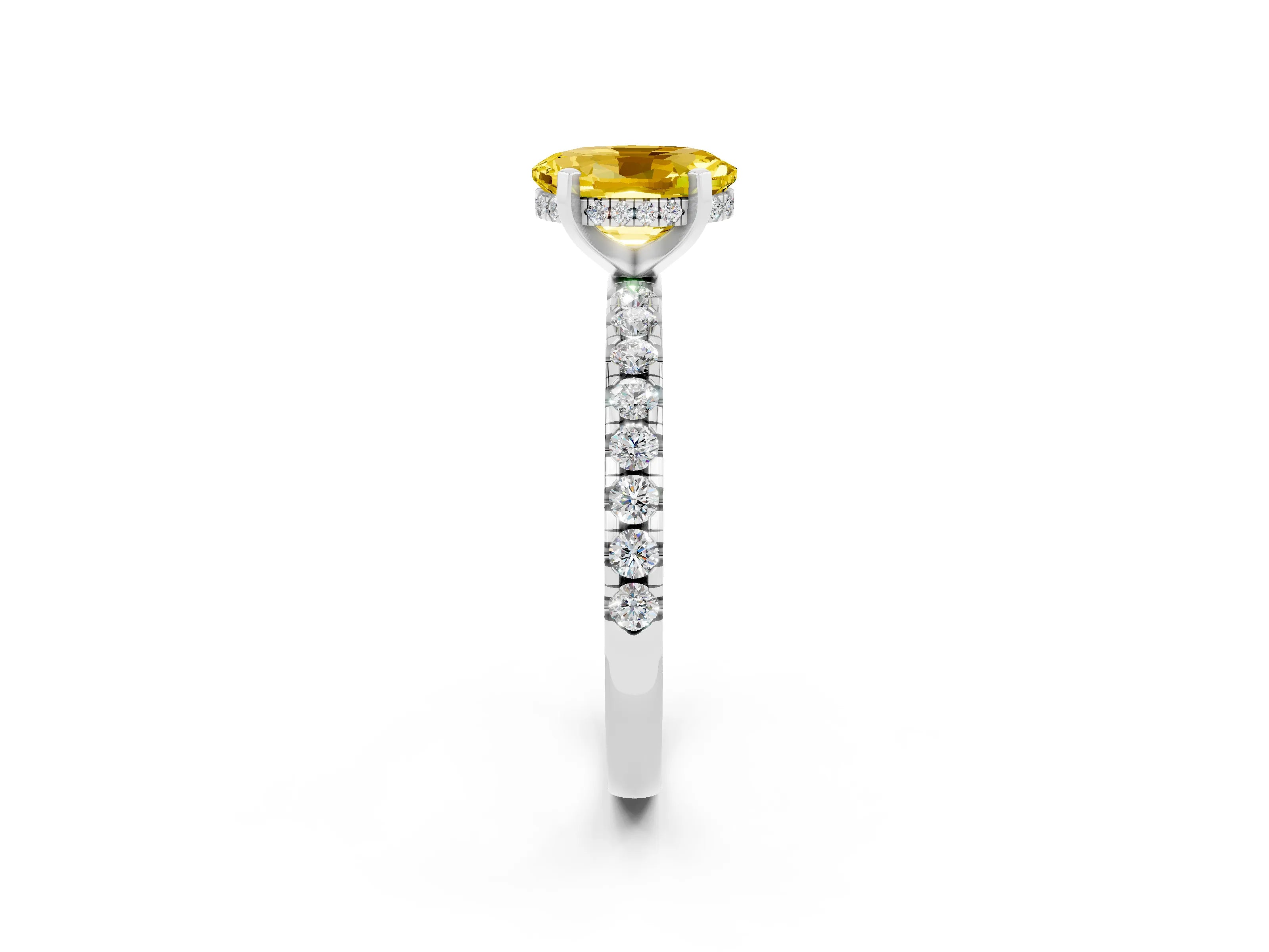 White gold Oval Cut Yellow Sapphire Solitaire Ring with Pavé Band and Four-Prong Setting_62