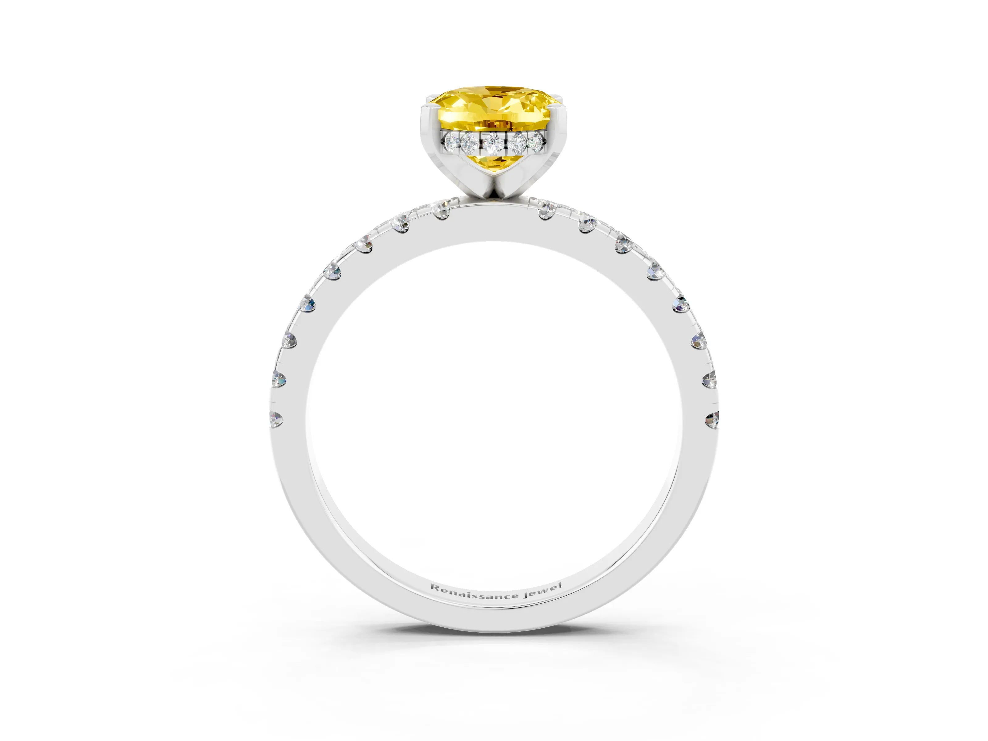White gold Oval Cut Yellow Sapphire Solitaire Ring with Pavé Band and Four-Prong Setting_63