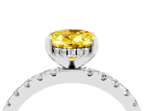 White gold Oval Cut Yellow Sapphire Solitaire Ring with Pavé Band and Four-Prong Setting_64