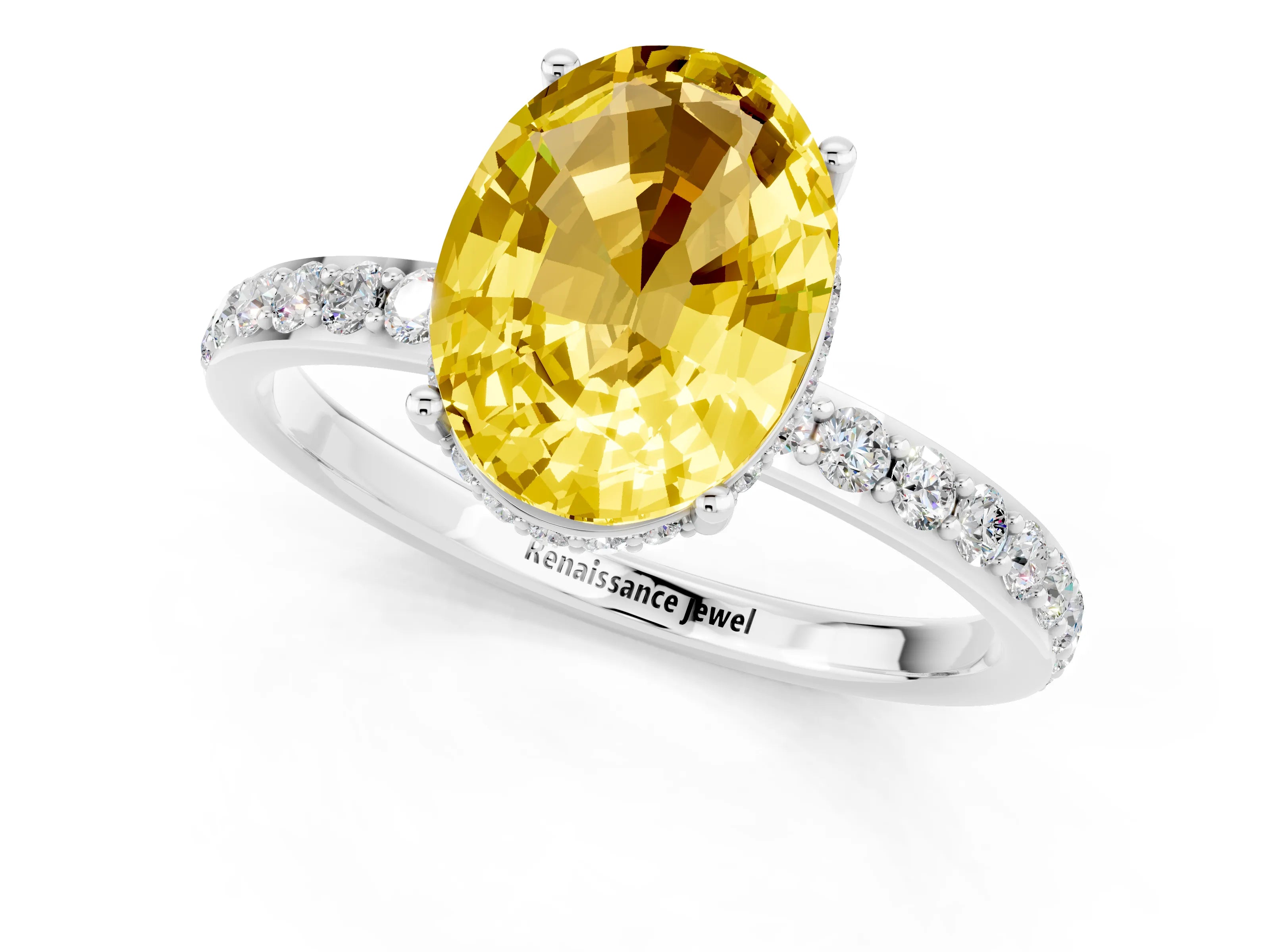 White gold Oval Cut Yellow Sapphire Solitaire Ring with Pavé Band and Hidden Halo_13