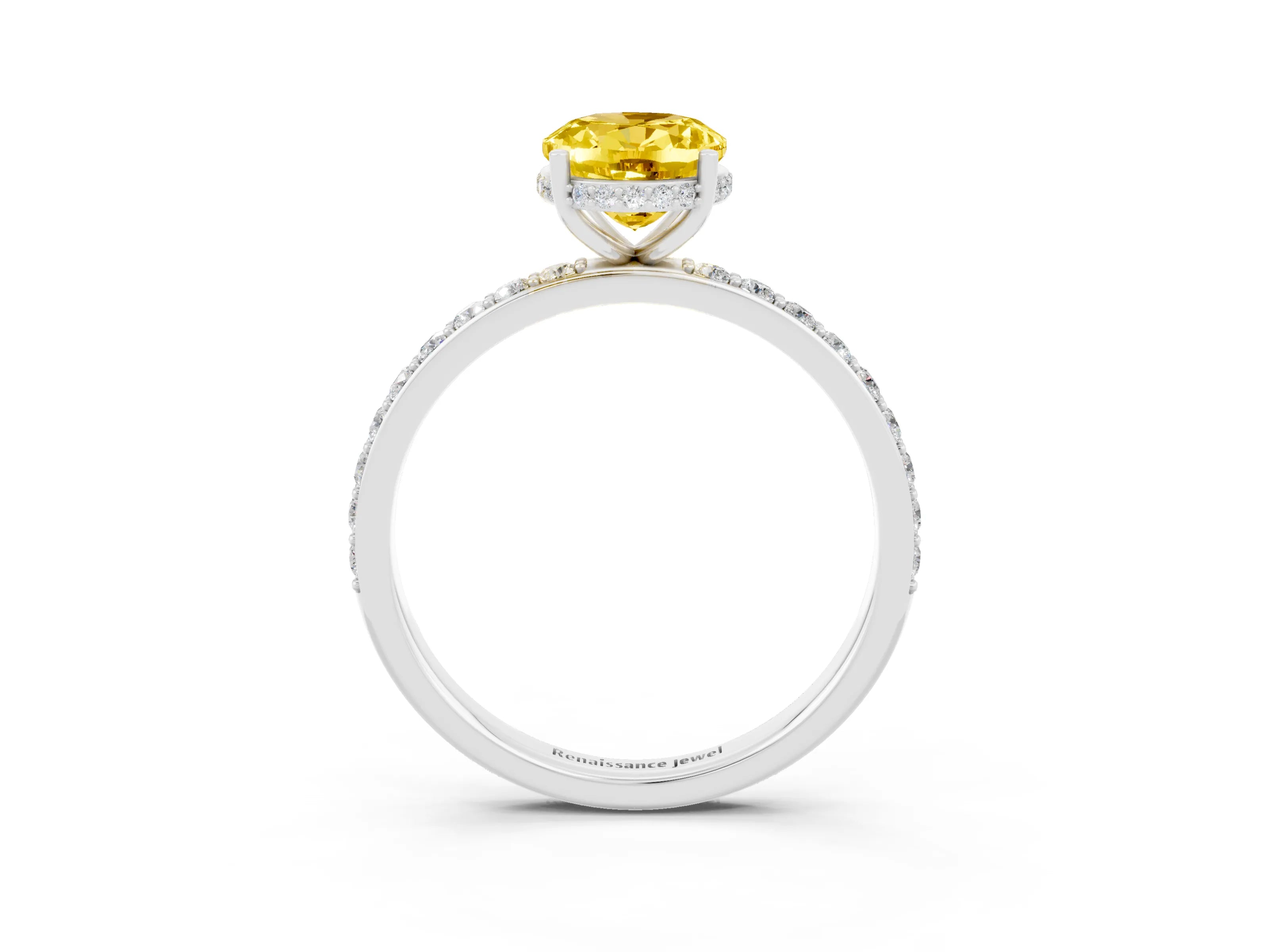 White gold Oval Cut Yellow Sapphire Solitaire Ring with Pavé Band and Hidden Halo_15