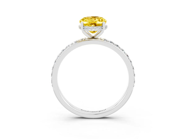 White gold Oval Cut Yellow Sapphire Solitaire Ring with Pavé Band and Hidden Halo