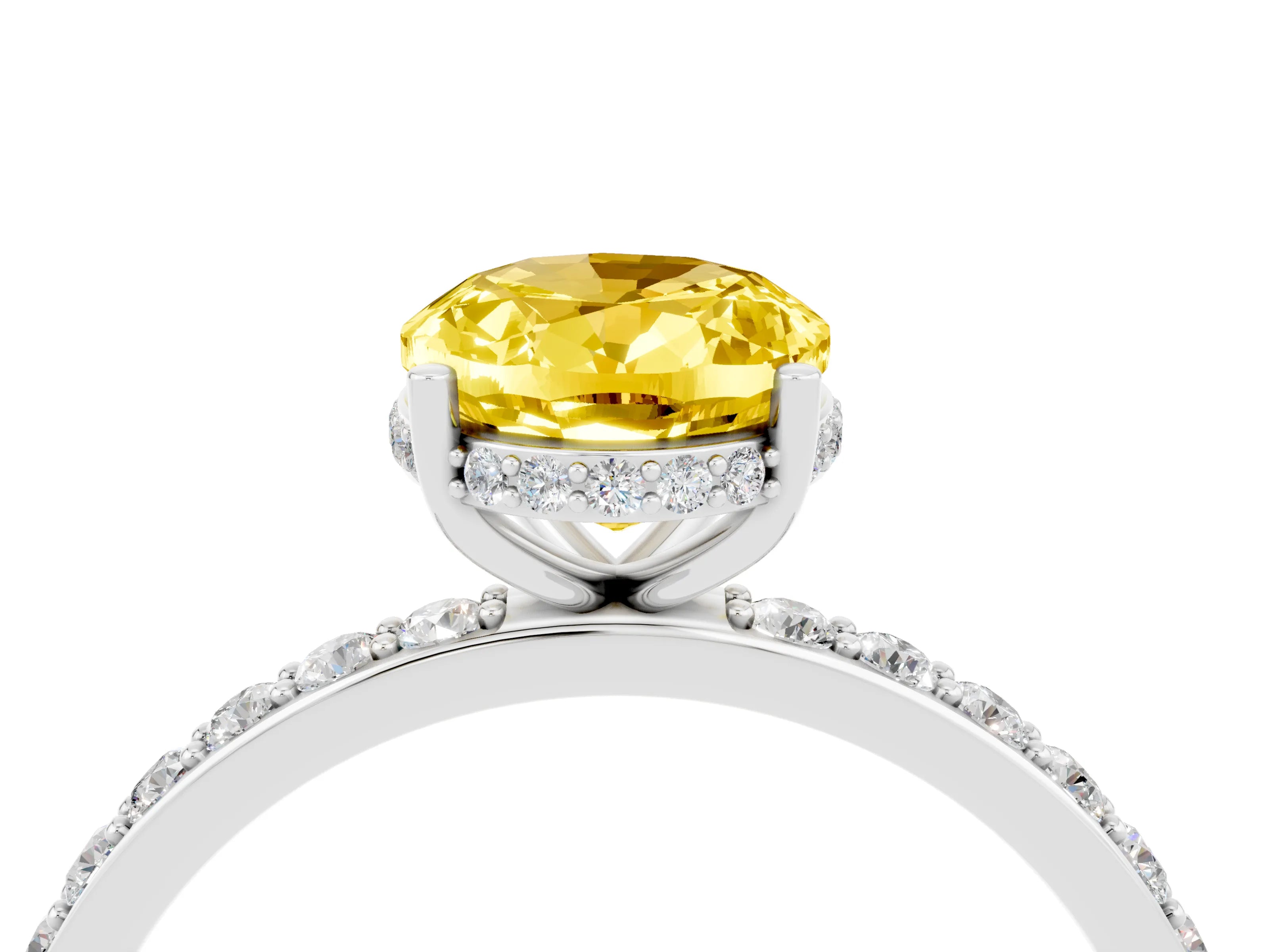 White gold Oval Cut Yellow Sapphire Solitaire Ring with Pavé Band and Hidden Halo_4