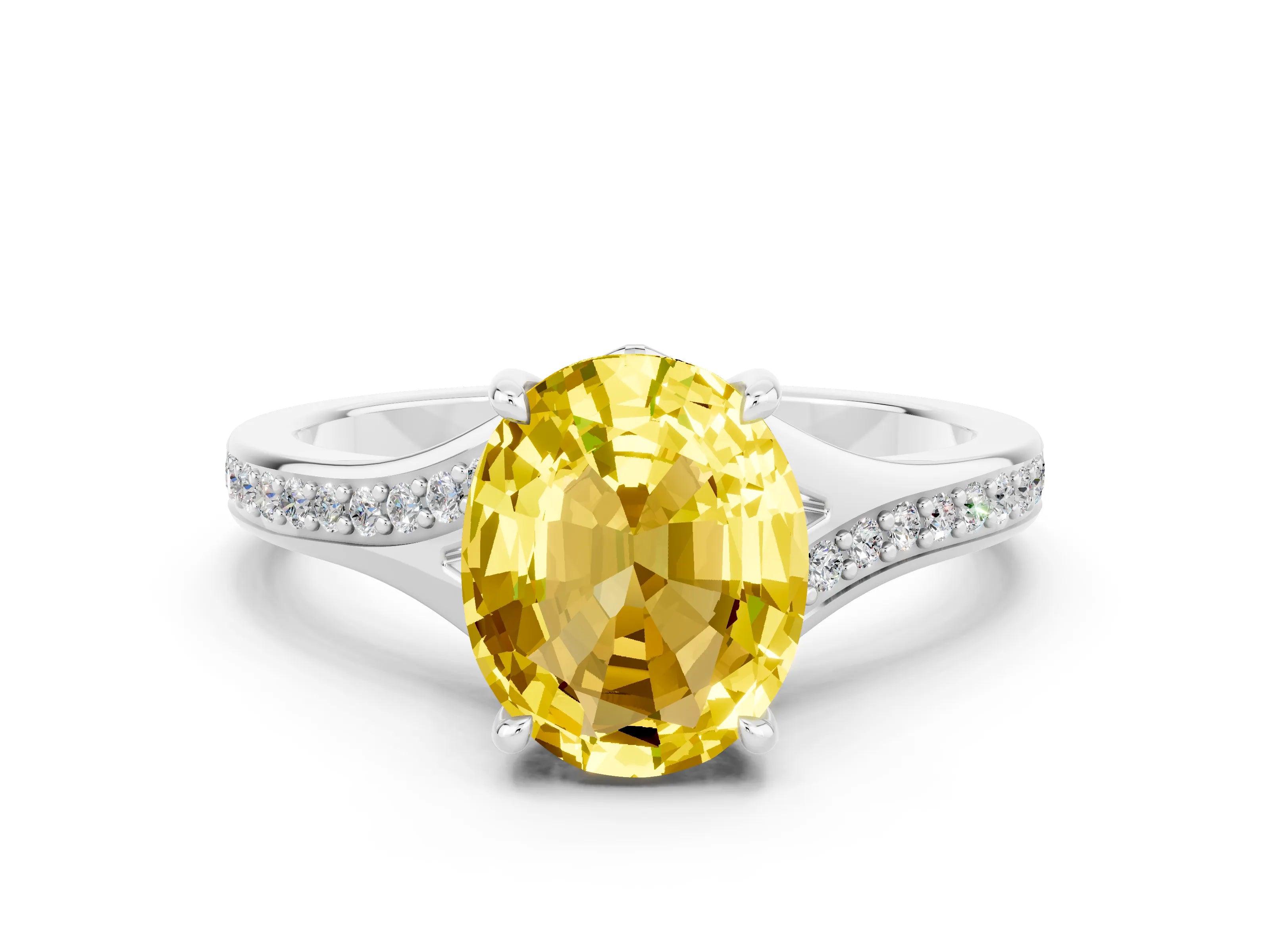 White gold Oval Cut Yellow Sapphire Solitaire Ring with Pavé Band and Prong Setting_12
