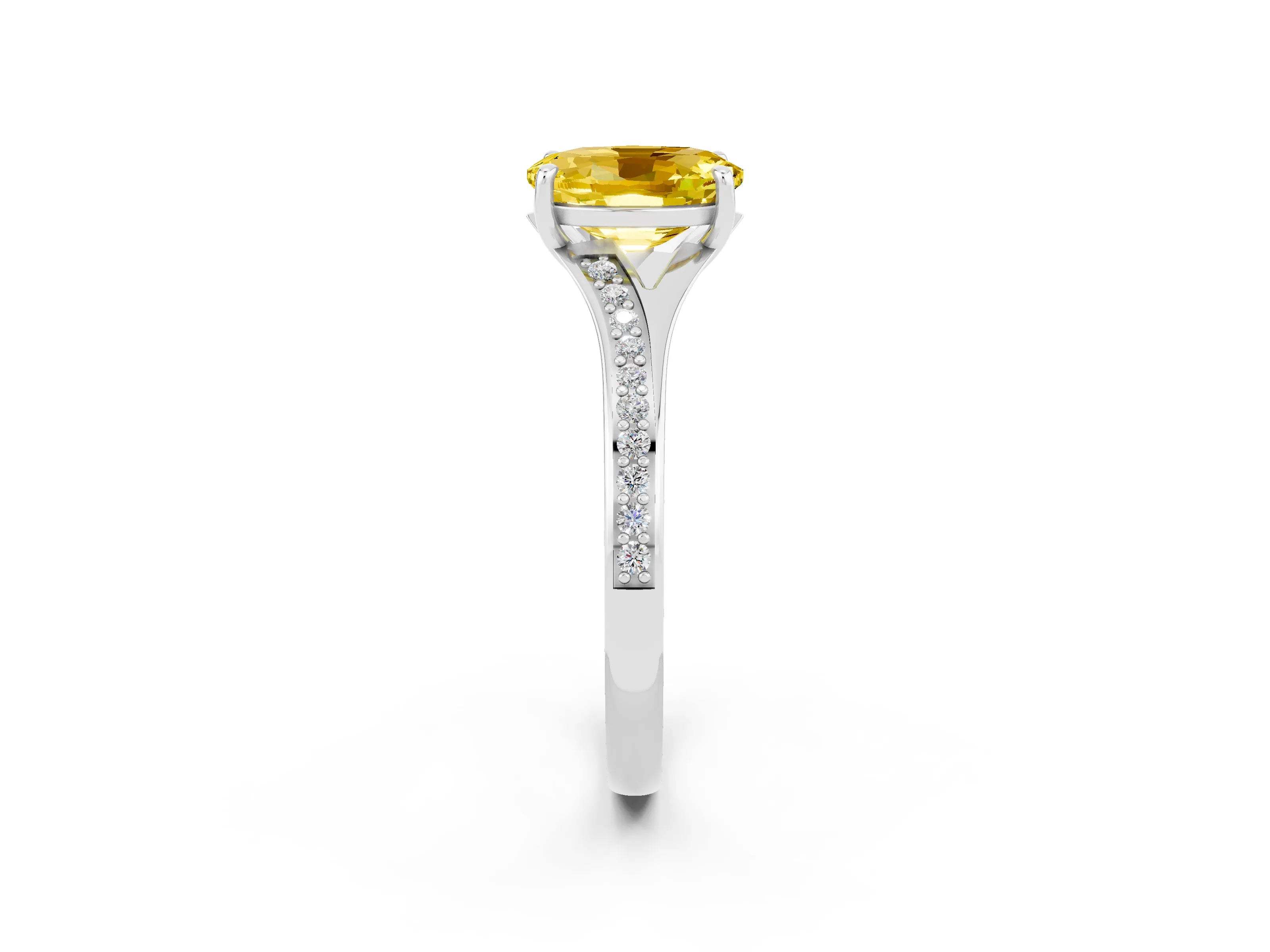 White gold Oval Cut Yellow Sapphire Solitaire Ring with Pavé Band and Prong Setting_14