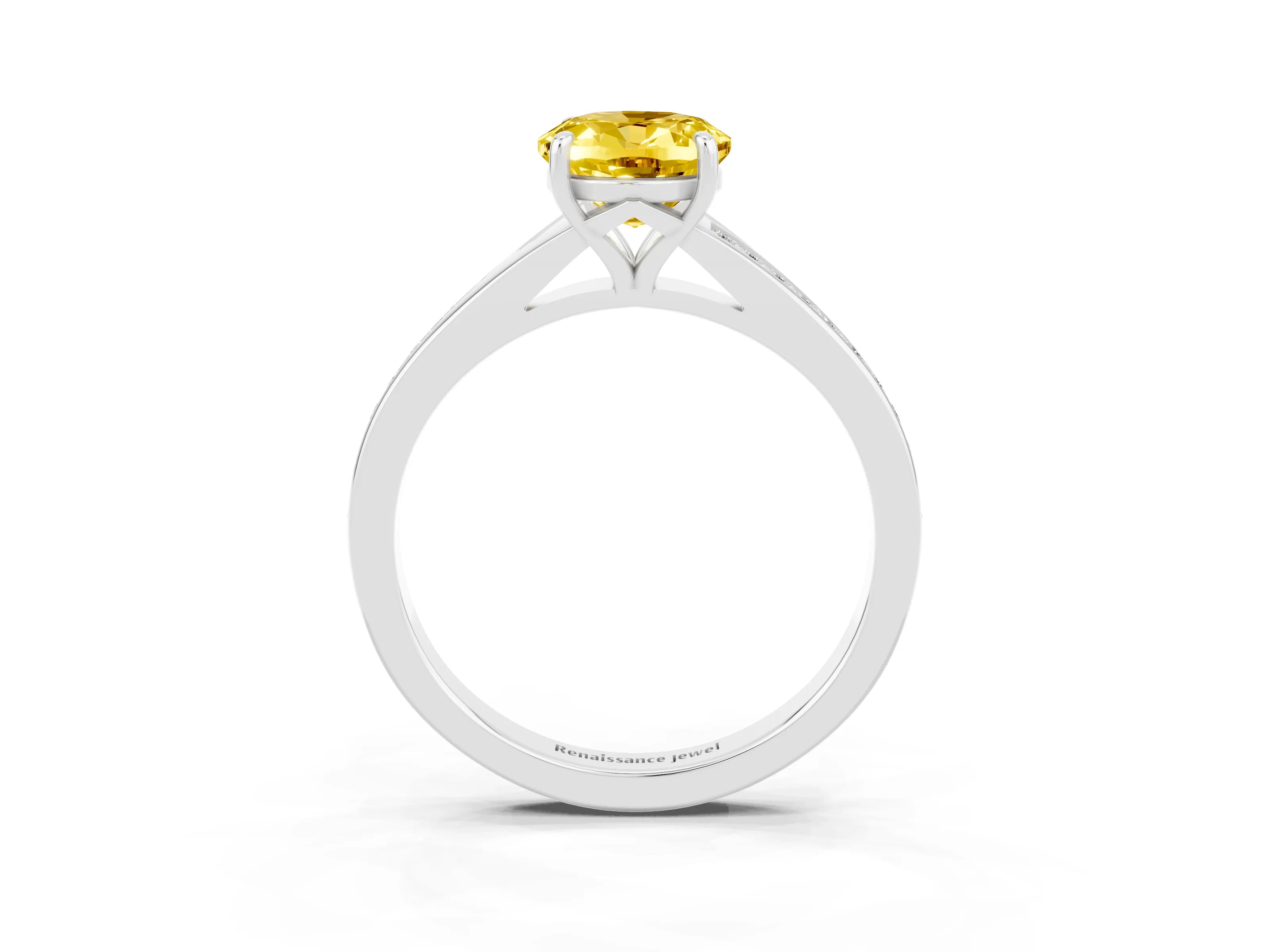 White gold Oval Cut Yellow Sapphire Solitaire Ring with Pavé Band and Prong Setting_15