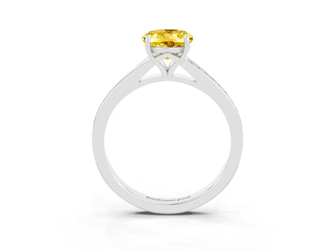 White gold Oval Cut Yellow Sapphire Solitaire Ring with Pavé Band and Prong Setting_15