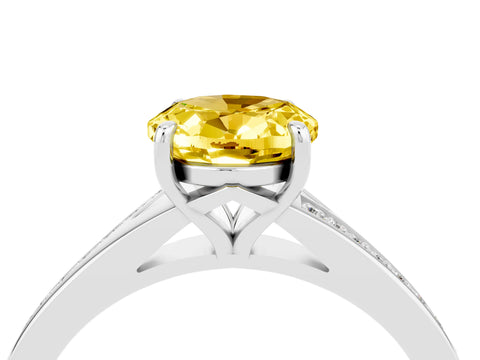 White gold Oval Cut Yellow Sapphire Solitaire Ring with Pavé Band and Prong Setting_16