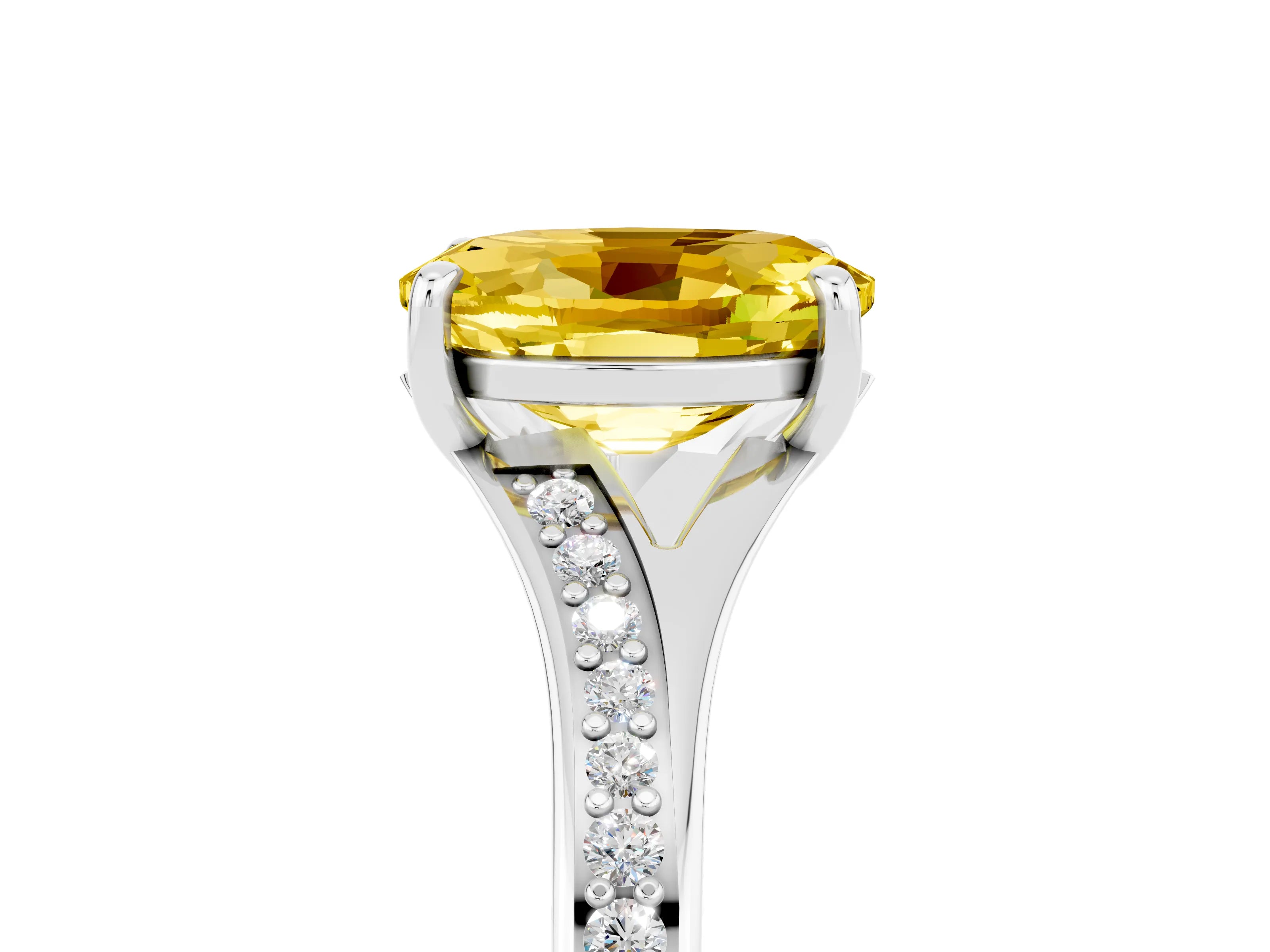 White gold Oval Cut Yellow Sapphire Solitaire Ring with Pavé Band and Prong Setting_17