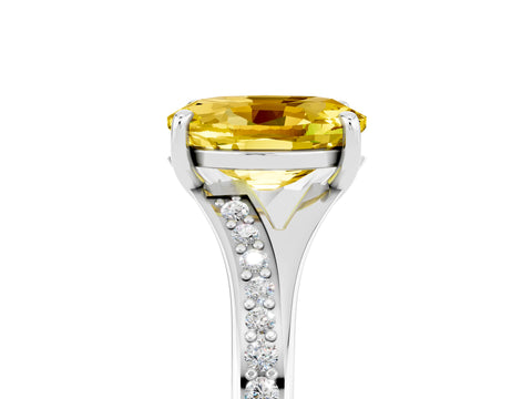 White gold Oval Cut Yellow Sapphire Solitaire Ring with Pavé Band and Prong Setting_17