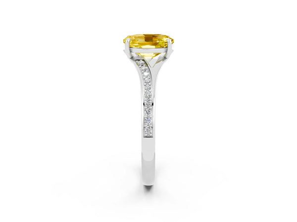 Silver Oval Cut Yellow Sapphire Solitaire Ring with Pavé Band and Prong Setting