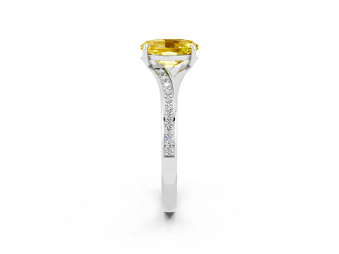 White gold Oval Cut Yellow Sapphire Solitaire Ring with Pavé Band and Prong Setting_2