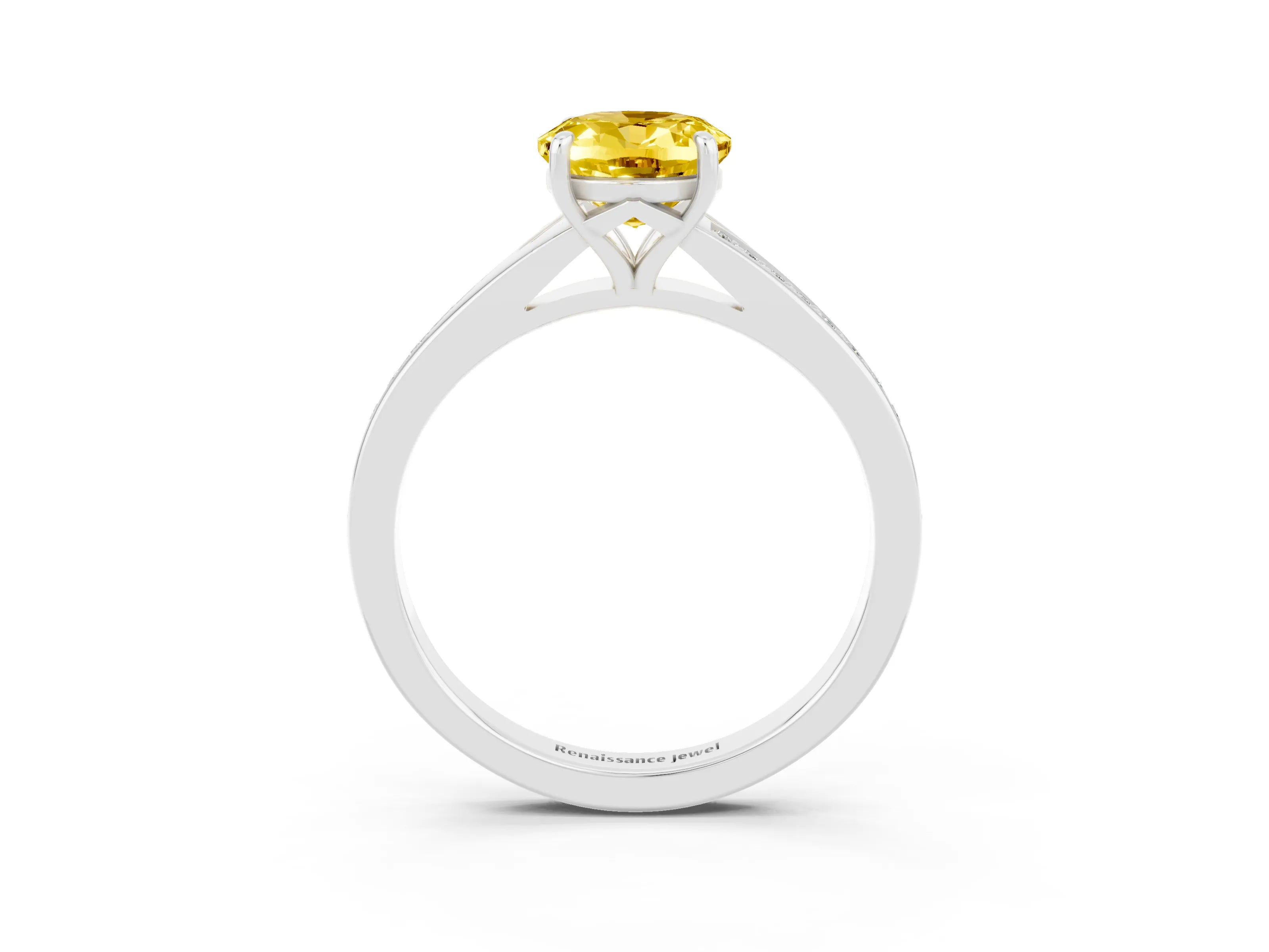 White gold Oval Cut Yellow Sapphire Solitaire Ring with Pavé Band and Prong Setting_3
