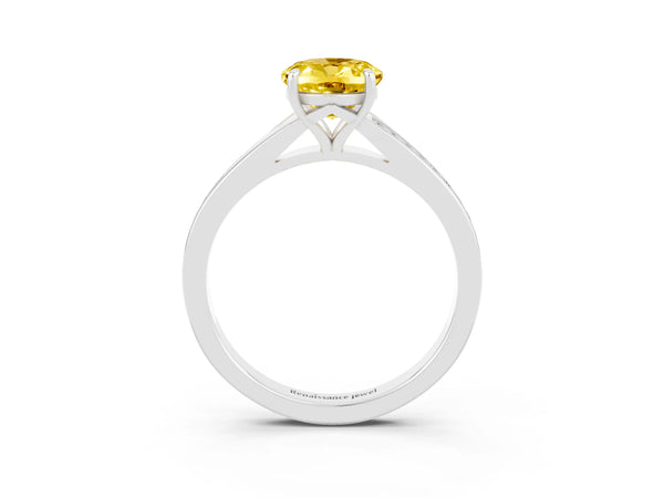 White gold Oval Cut Yellow Sapphire Solitaire Ring with Pavé Band and Prong Setting