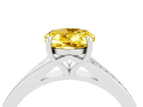 White gold Oval Cut Yellow Sapphire Solitaire Ring with Pavé Band and Prong Setting_4