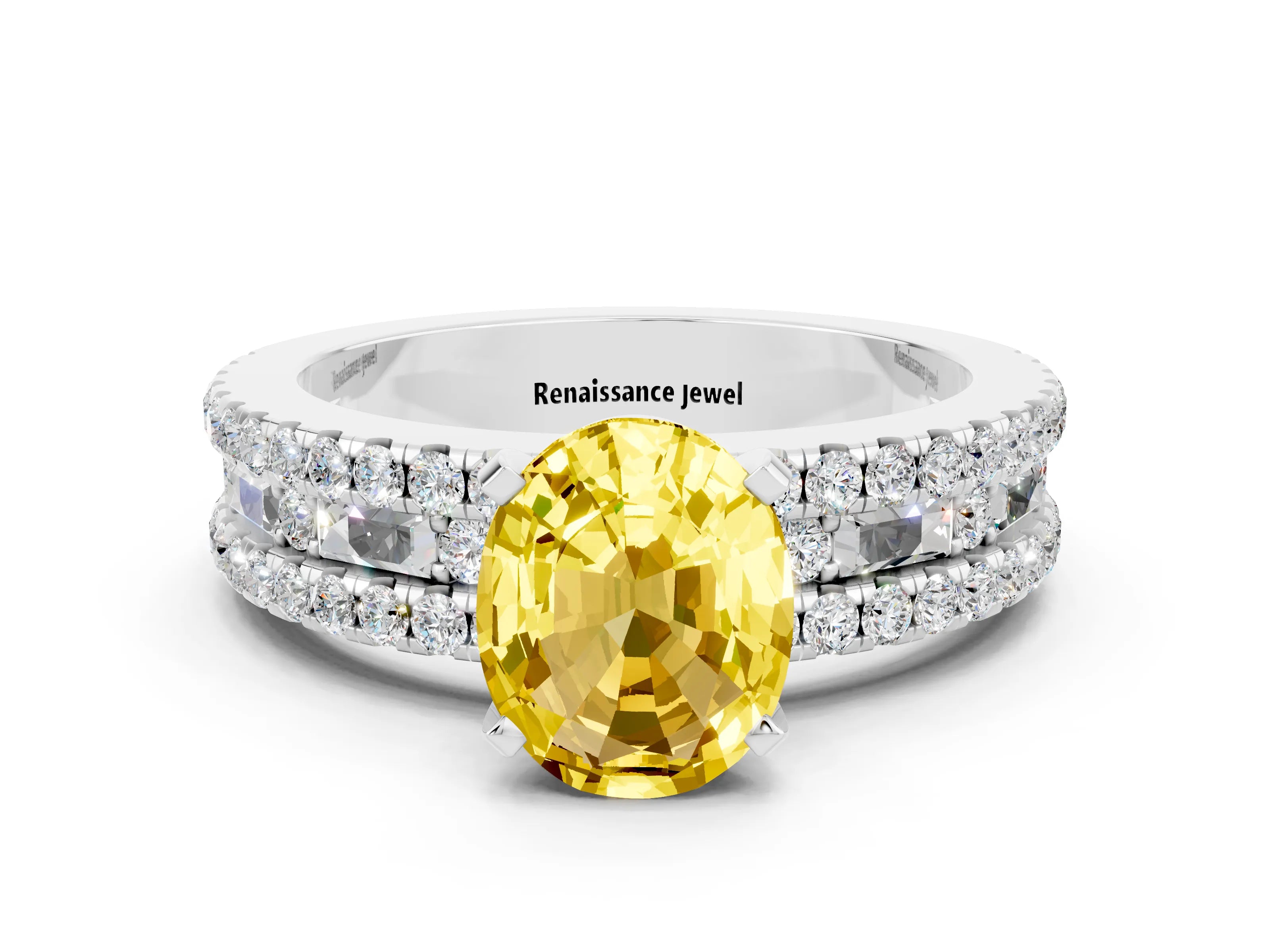 White gold Oval Cut Yellow Sapphire Solitaire Ring with Pavé and Channel Set Band_24