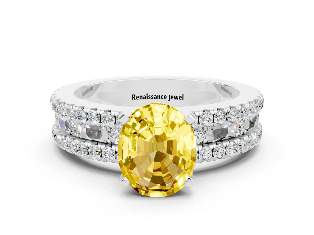 White gold Oval Cut Yellow Sapphire Solitaire Ring with Pavé and Channel Set Band_24