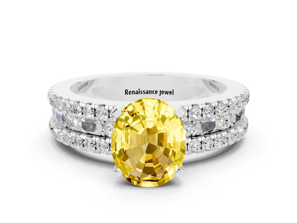 Silver Oval Cut Yellow Sapphire Solitaire Ring with Pavé and Channel Set Band
