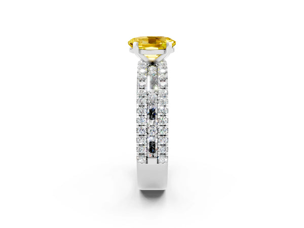 Silver Oval Cut Yellow Sapphire Solitaire Ring with Pavé and Channel Set Band
