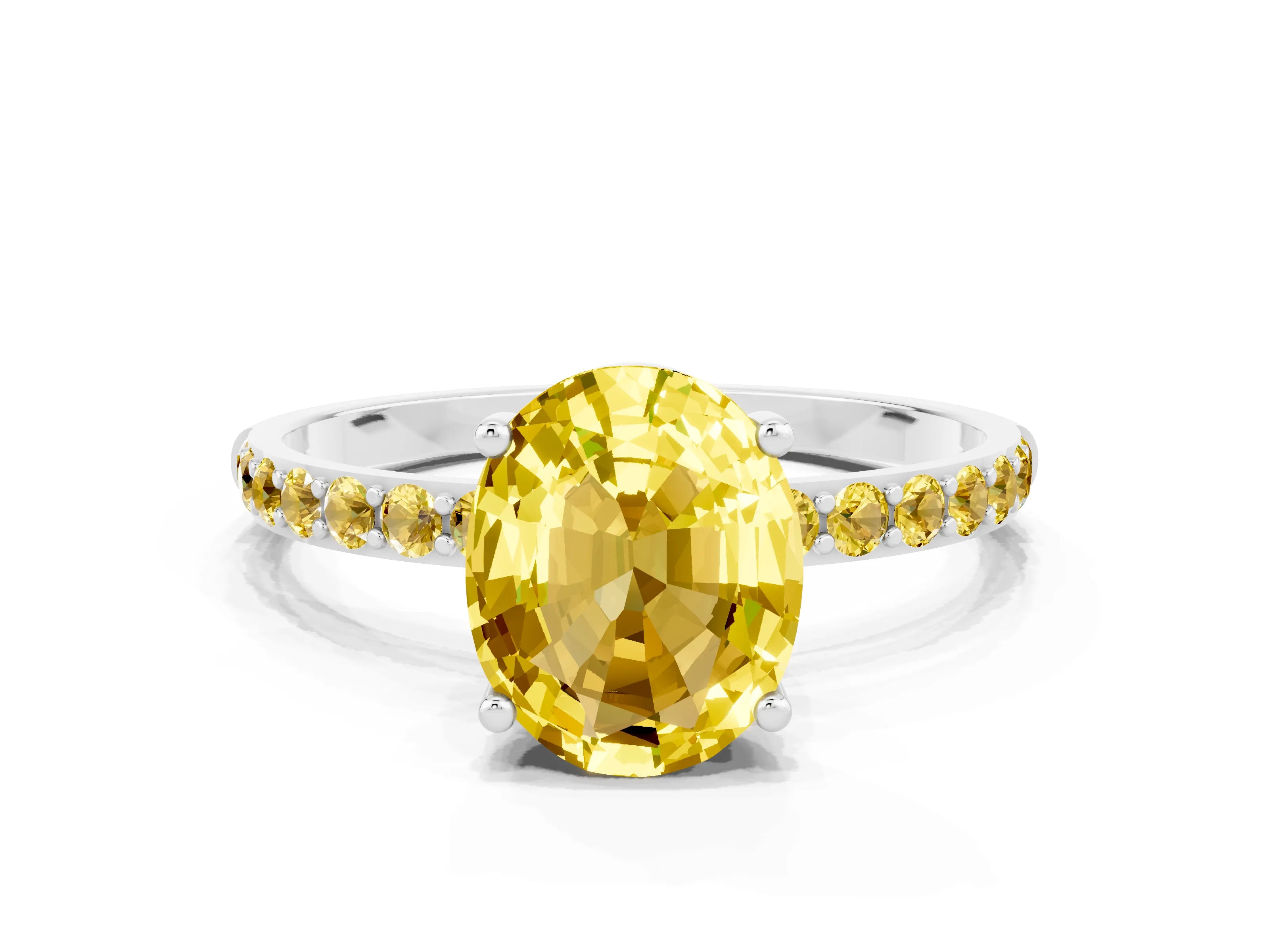 White gold Oval Cut Yellow Sapphire Solitaire Ring with Pave Band and Four Prong Setting_12