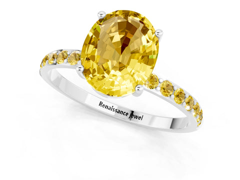 White gold Oval Cut Yellow Sapphire Solitaire Ring with Pave Band and Four Prong Setting_13