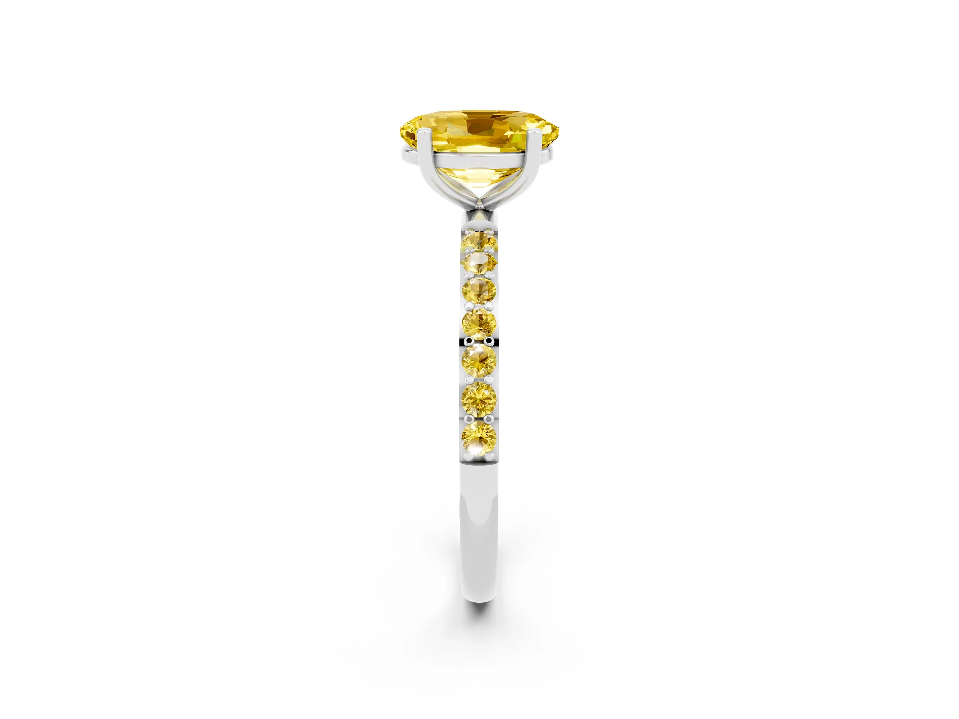 White gold Oval Cut Yellow Sapphire Solitaire Ring with Pave Band and Four Prong Setting_14