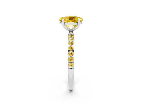 White gold Oval Cut Yellow Sapphire Solitaire Ring with Pave Band and Four Prong Setting_14