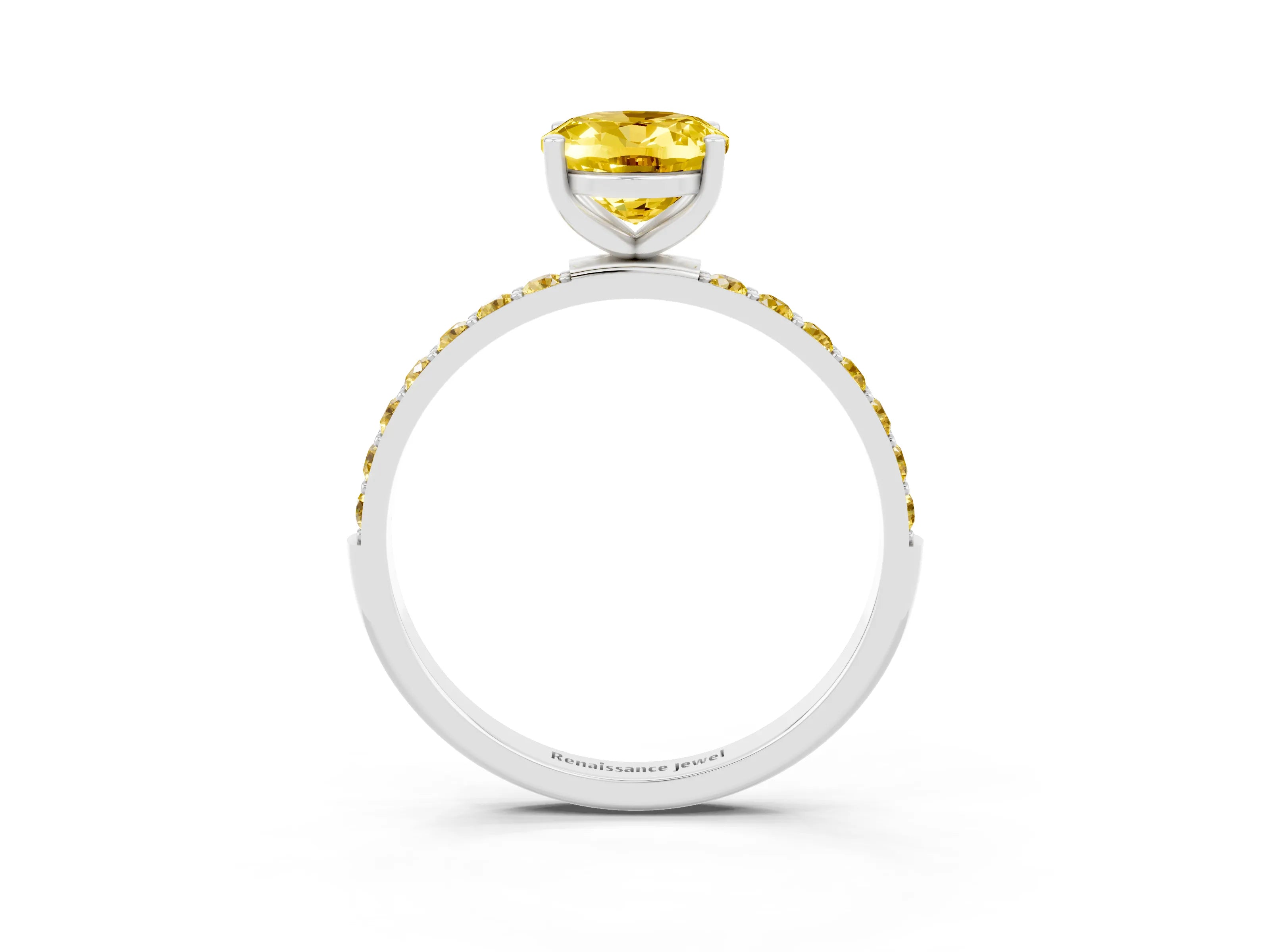White gold Oval Cut Yellow Sapphire Solitaire Ring with Pave Band and Four Prong Setting_15