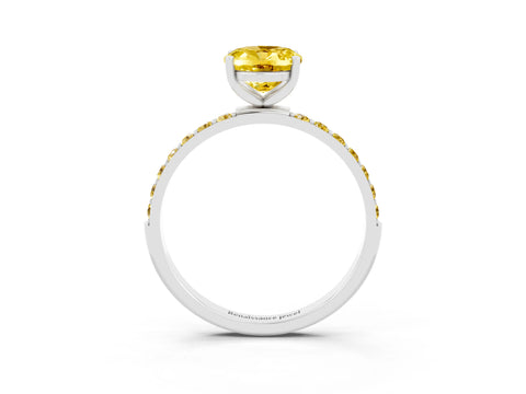 White gold Oval Cut Yellow Sapphire Solitaire Ring with Pave Band and Four Prong Setting_15